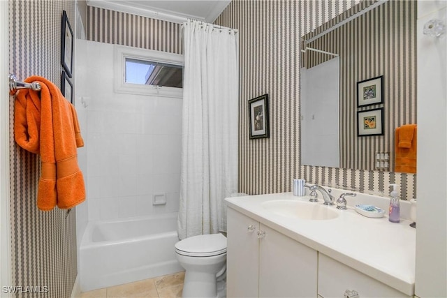 full bathroom with wallpapered walls, shower / bath combo, toilet, tile patterned flooring, and vanity