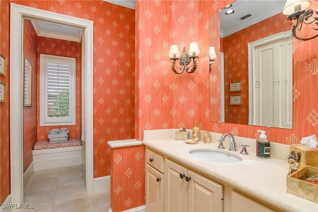 bathroom with visible vents, wallpapered walls, vanity, baseboards, and tile patterned floors