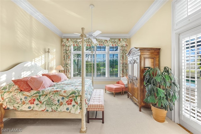 bedroom with crown molding and carpet floors