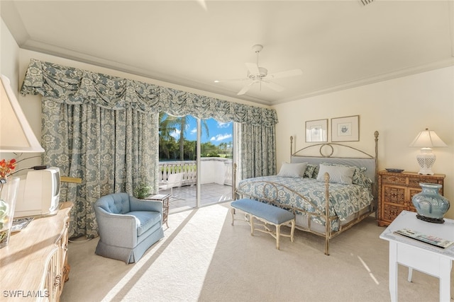 carpeted bedroom with crown molding, access to outside, and ceiling fan