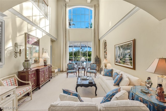 living room featuring light colored carpet and a high ceiling