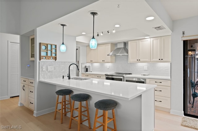 kitchen featuring kitchen peninsula, sink, stainless steel range with electric stovetop, white cabinets, and wall chimney exhaust hood