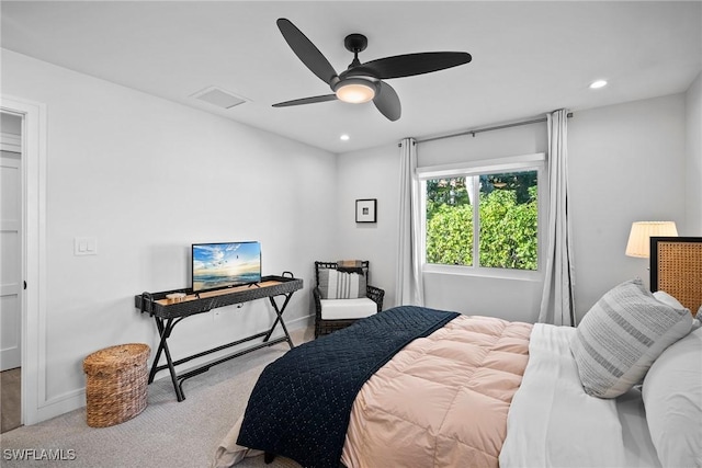 bedroom with recessed lighting, carpet floors, visible vents, baseboards, and a ceiling fan