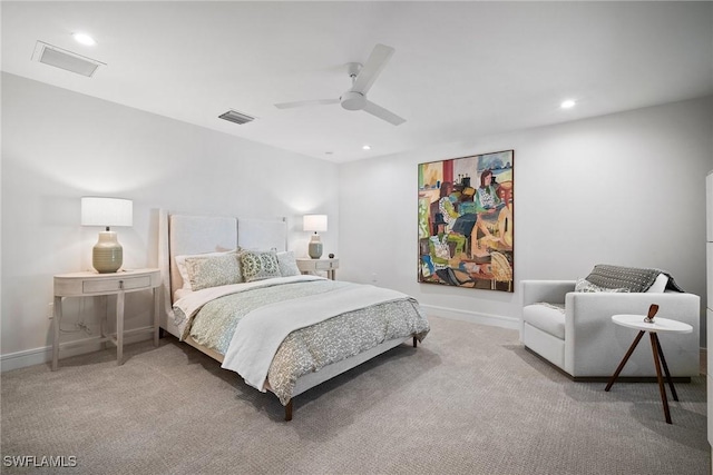 carpeted bedroom with a ceiling fan, recessed lighting, visible vents, and baseboards