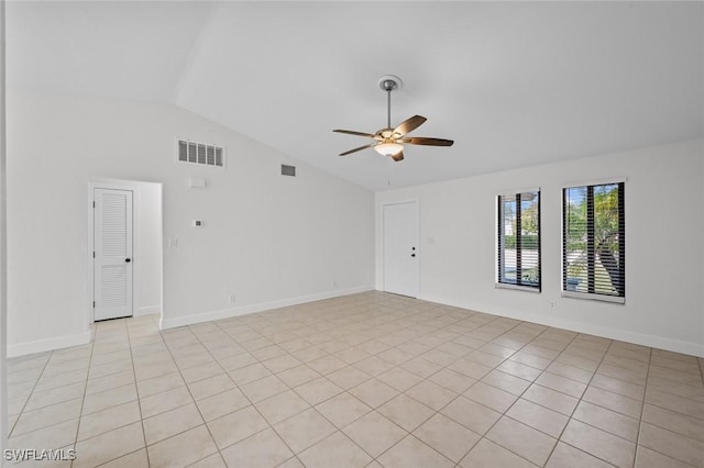 unfurnished room featuring light tile patterned flooring, ceiling fan, and high vaulted ceiling