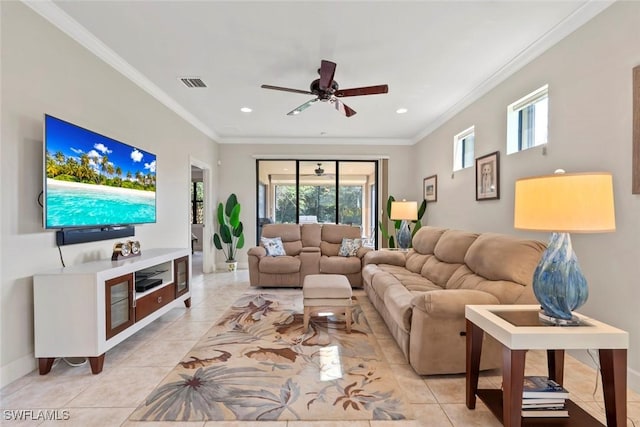 tiled living room featuring crown molding and ceiling fan