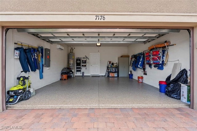 garage with a wall mounted AC, electric panel, and gas water heater