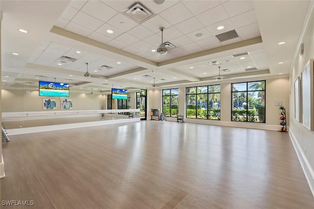 workout room featuring hardwood / wood-style floors