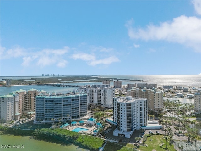 drone / aerial view with a water view