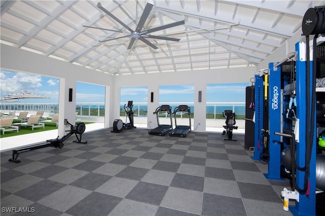 workout area featuring a water view, plenty of natural light, and high vaulted ceiling