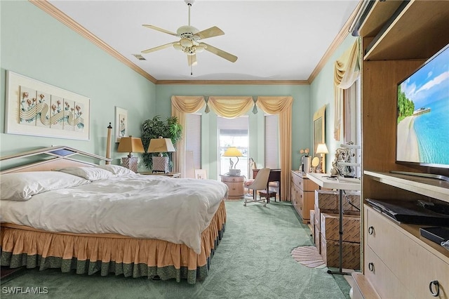 bedroom with a ceiling fan, visible vents, crown molding, and light colored carpet