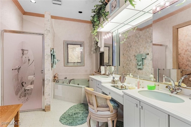 bathroom with a stall shower, a garden tub, tile patterned flooring, crown molding, and vanity