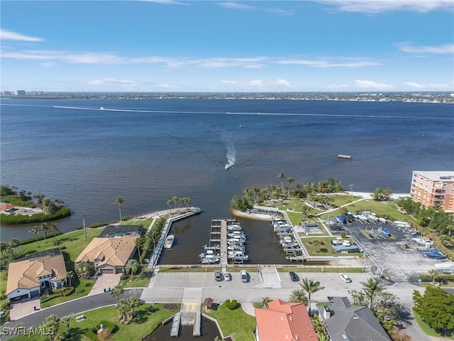 drone / aerial view with a water view