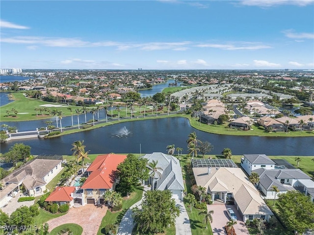 aerial view featuring a water view and a residential view