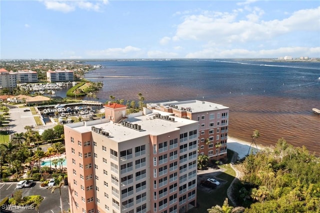 aerial view featuring a water view