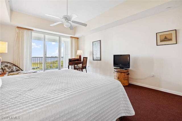 carpeted bedroom with access to exterior and ceiling fan