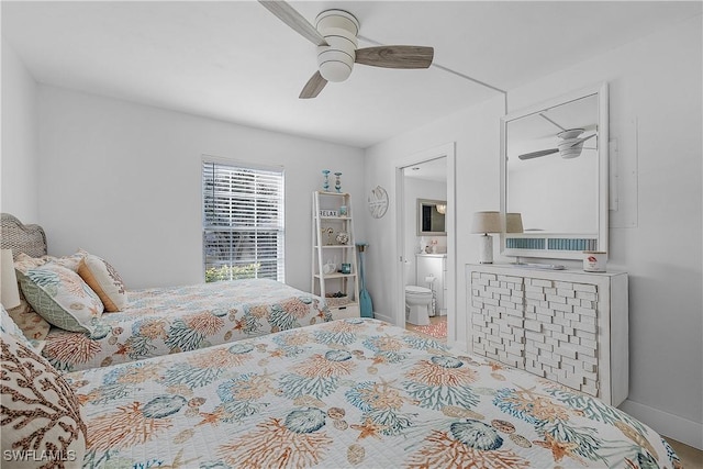 bedroom with ceiling fan and ensuite bath