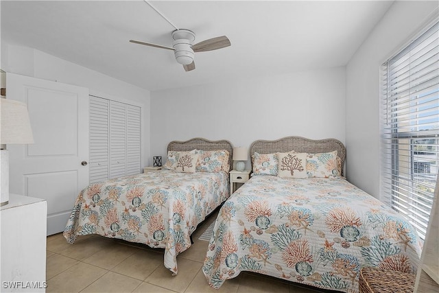 bedroom featuring light tile patterned floors, a closet, and ceiling fan