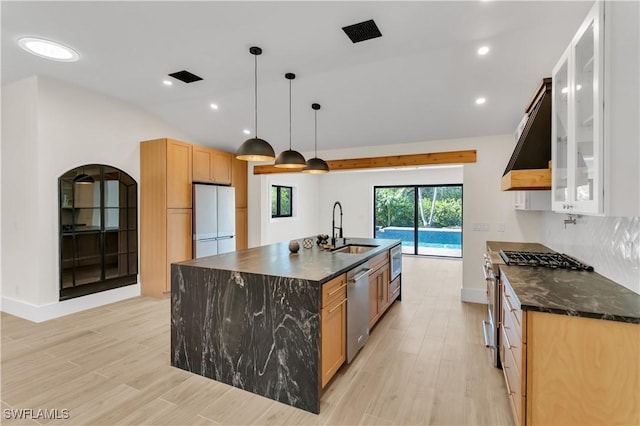 kitchen featuring light wood finished floors, premium range hood, stainless steel appliances, and a sink