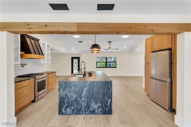 kitchen featuring visible vents, appliances with stainless steel finishes, ventilation hood, and a sink