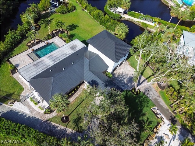 drone / aerial view featuring a water view