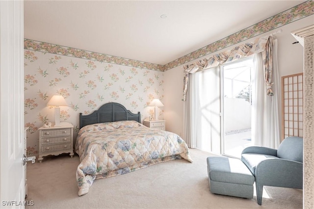 bedroom with carpet floors, access to exterior, and wallpapered walls