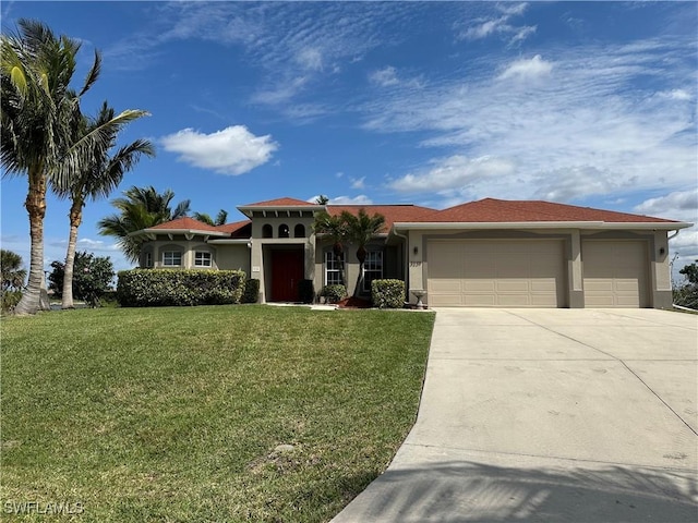 view of front of home featuring an attached garage, driveway, a front yard, and stucco siding