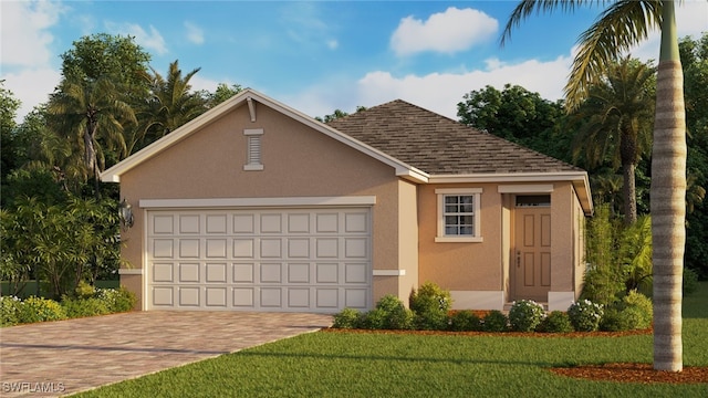 view of front of property with a garage, driveway, roof with shingles, stucco siding, and a front yard