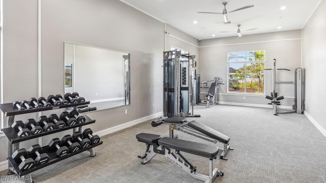 16768 Elkhorn Coral Dr, North Fort Myers, FL 33903 - workout area featuring a ceiling fan, carpet flooring, baseboards, and recessed lighting