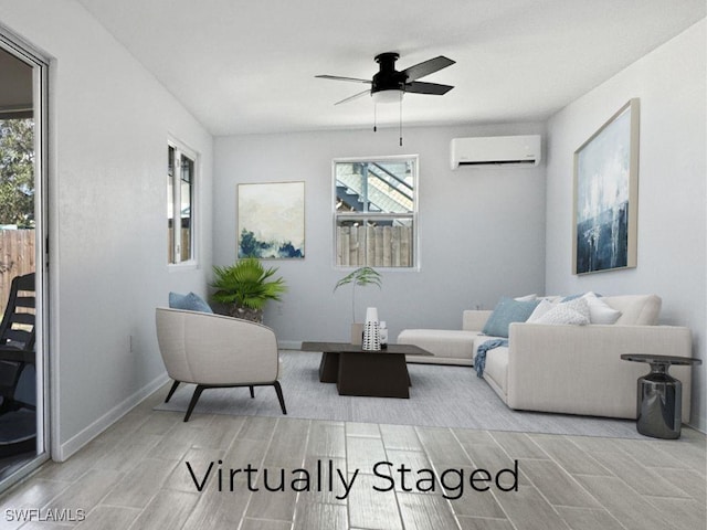 living room featuring baseboards, ceiling fan, a wall mounted air conditioner, and wood tiled floor