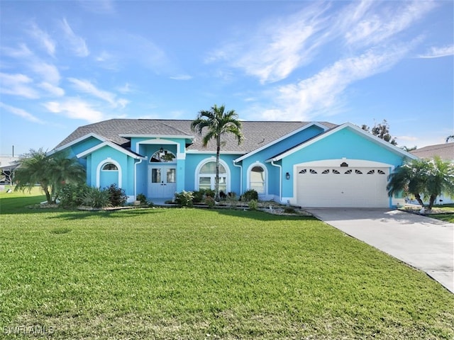 single story home with a garage and a front lawn