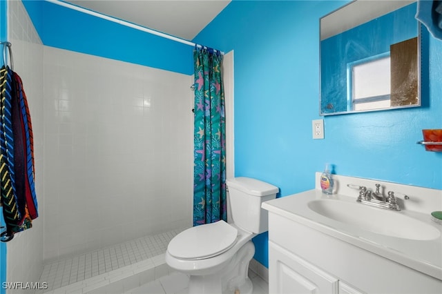 bathroom featuring toilet, vanity, tile patterned floors, and walk in shower