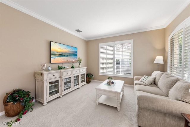 living room with light colored carpet, visible vents, crown molding, and baseboards