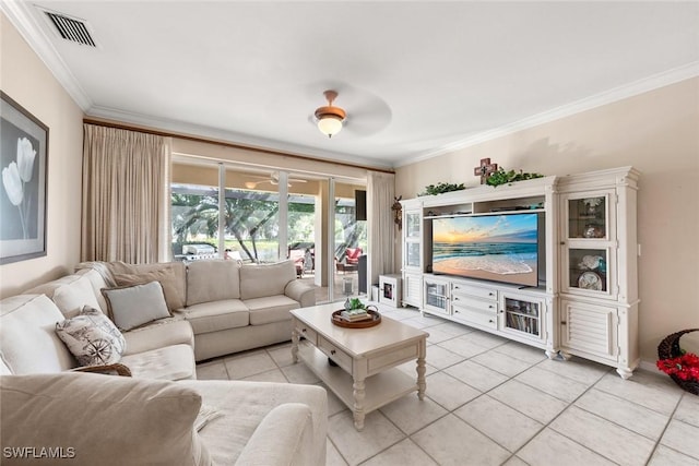 living area with ceiling fan, visible vents, crown molding, and light tile patterned floors