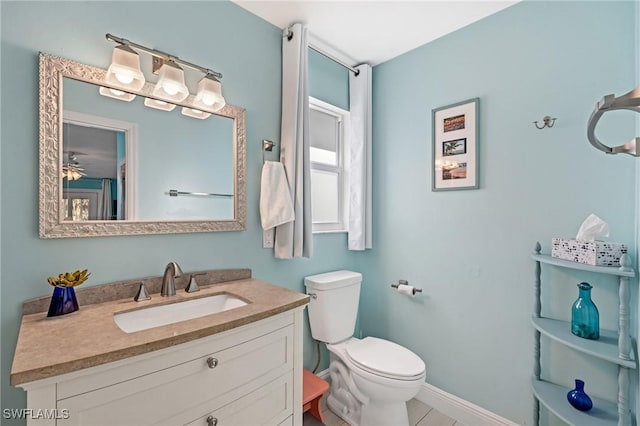 bathroom featuring toilet, vanity, and tile patterned flooring