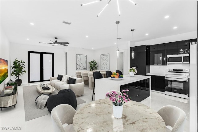 dining room with recessed lighting, visible vents, and ceiling fan