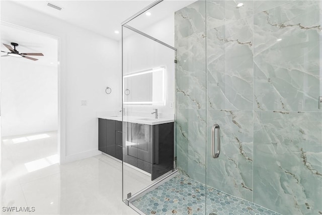 bathroom with recessed lighting, vanity, visible vents, a marble finish shower, and tile patterned floors