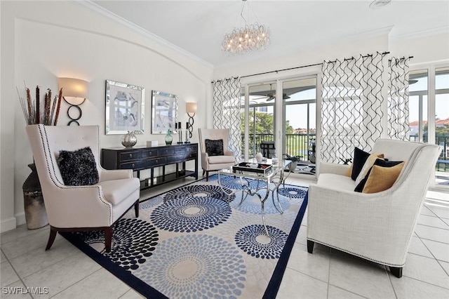 living area featuring ornamental molding, tile patterned floors, and a healthy amount of sunlight