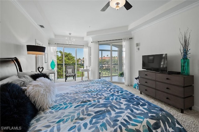 carpeted bedroom featuring ornamental molding, access to outside, visible vents, and ceiling fan with notable chandelier