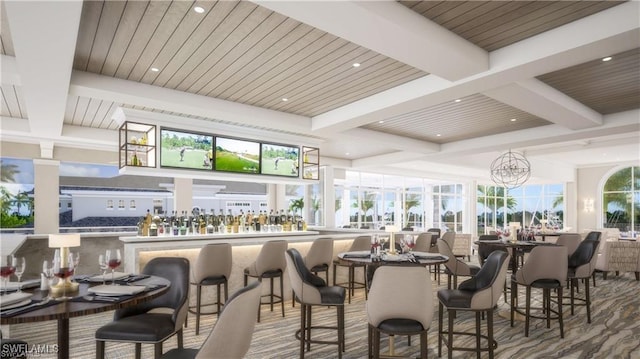 interior space with recessed lighting, coffered ceiling, and beamed ceiling