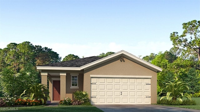 ranch-style house featuring a garage, concrete driveway, and stucco siding