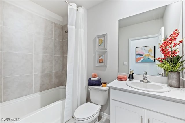 bathroom featuring toilet, shower / bathtub combination with curtain, and vanity