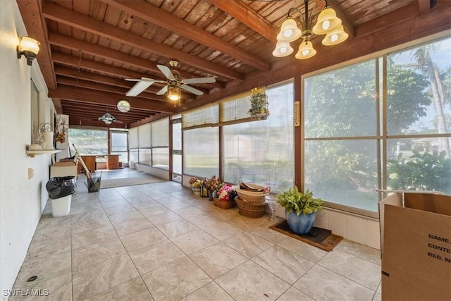 unfurnished sunroom with beamed ceiling, ceiling fan with notable chandelier, and wood ceiling