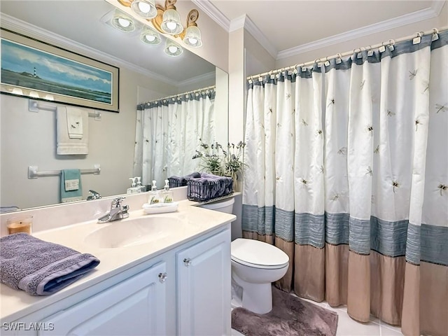 bathroom with crown molding, vanity, and toilet