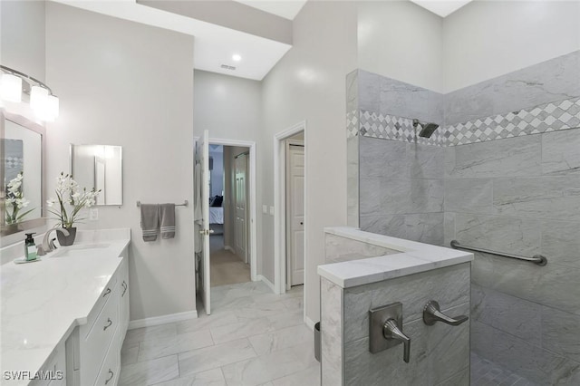 1118 Dorchester Ct, Naples, FL 34104 - full bathroom featuring walk in shower, ensuite bath, vanity, marble finish floor, and baseboards