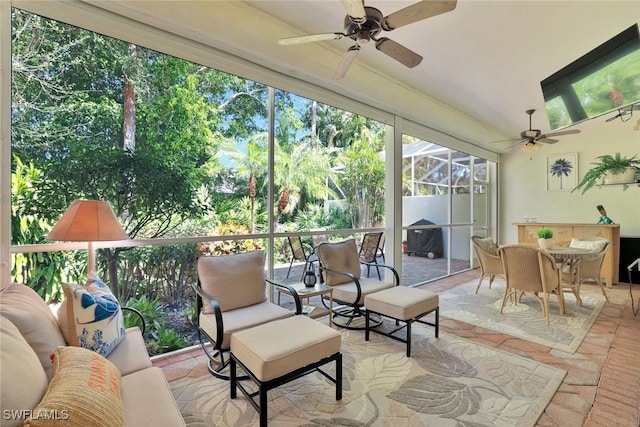 1118 Dorchester Ct, Naples, FL 34104 - sunroom / solarium featuring an outdoor hangout area, a ceiling fan, and outdoor dining area