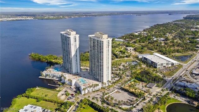 bird's eye view with a water view