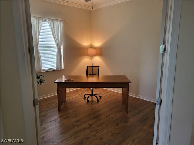 office area with crown molding and dark wood-type flooring