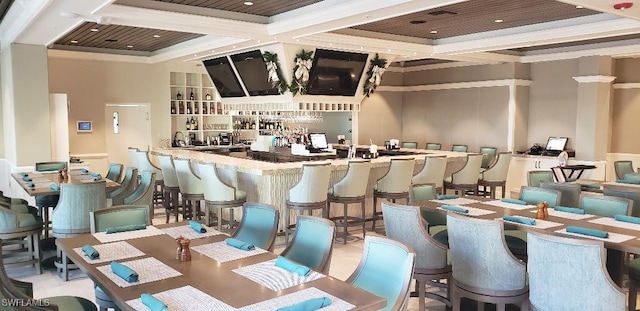 bar with beamed ceiling, coffered ceiling, and crown molding