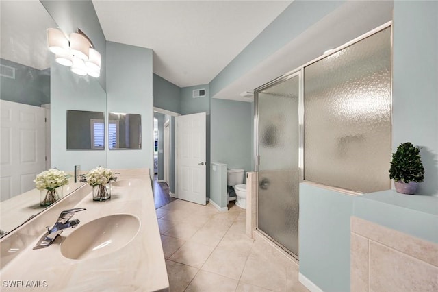 bathroom with toilet, a sink, visible vents, a shower stall, and tile patterned floors